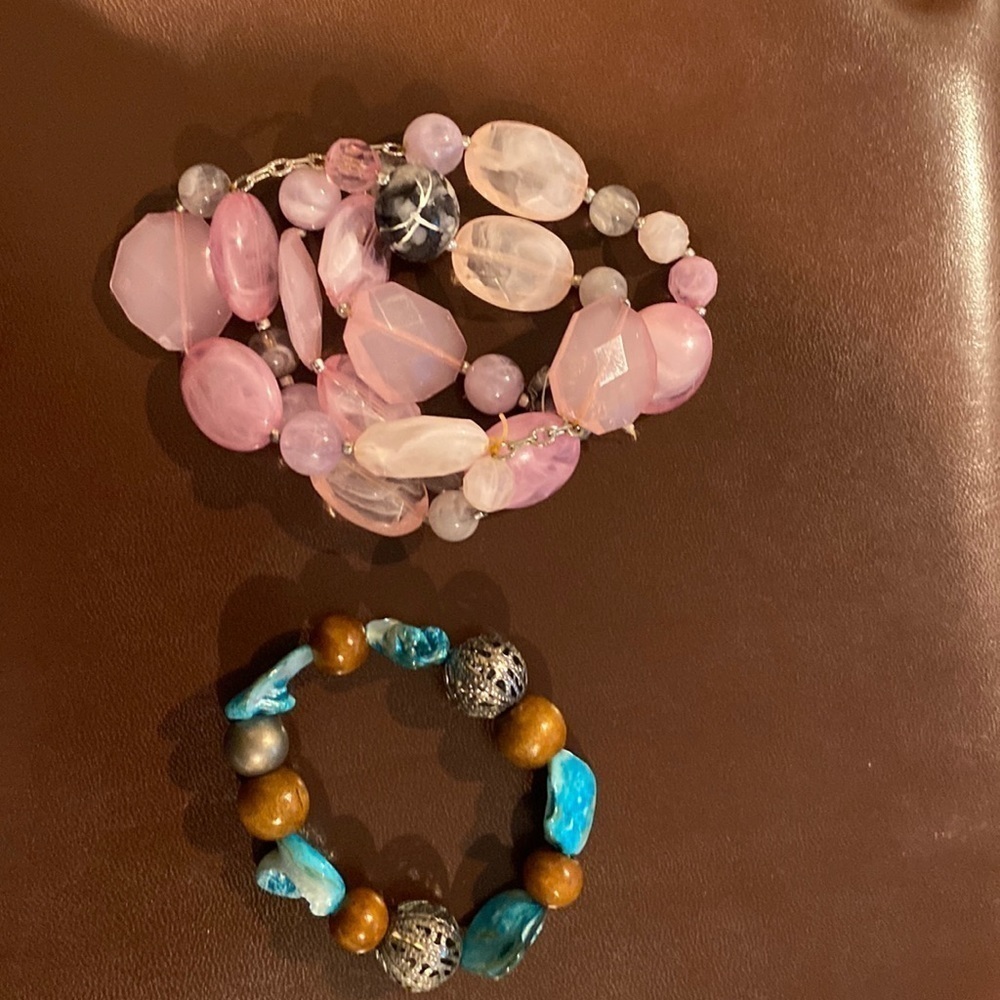 TWO stone and bead stretch bracelets.